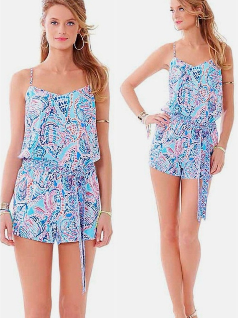 Lilly Pulitzer “Dusk Shell Me About It” Tie Waist Short Romper M $158